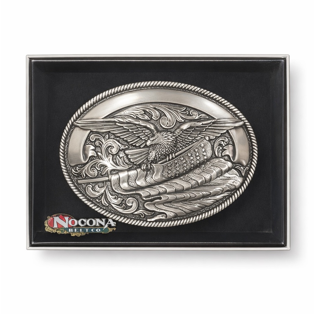 Nocona Silver Oval Belt Buckle with Eagle and Flag
